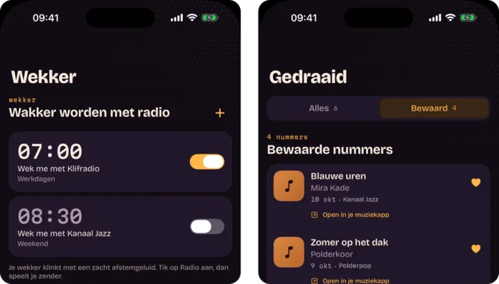 Twee schermen van de RadioStation app op een iPhone. Links de wekker: een wekker om 07:00 op werkdagen, ingesteld op een favoriete zender. Rechts de lijst met bewaarde nummers, elk met een hartje.