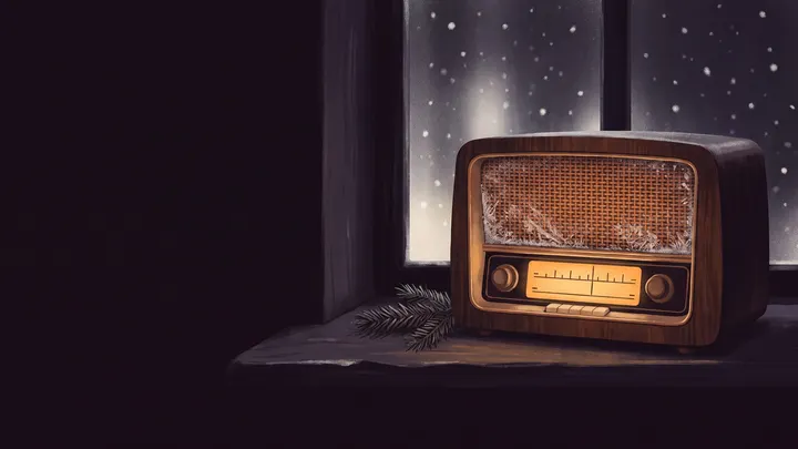 Illustratie: een oude houten buizenradio met een warm oplichtende schaal op een vensterbank, rijp op het koperen luidsprekerdoek, een takje den ernaast en sneeuw achter het raam.