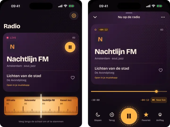 Twee schermen van de RadioStation app op een iPhone. Links het scherm Radio met een zender die live speelt. Rechts het scherm Nu op de radio, 4 minuten en 12 seconden terug gespoeld, met de schuif, de knop Terug en de knop Naar live.