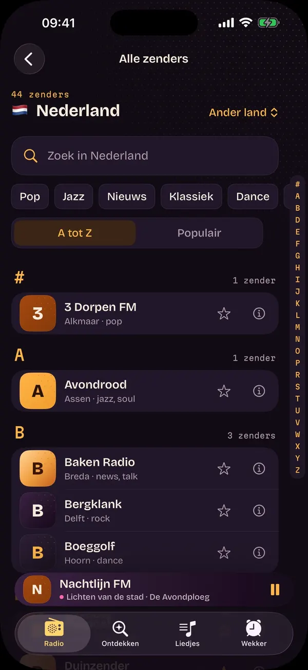 Alle zenders van Nederland van A tot Z, met zoeken en een letterindex