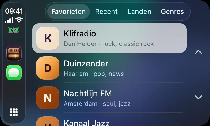 CarPlay: je favorieten met Recent, Landen en Genres als tabbladen