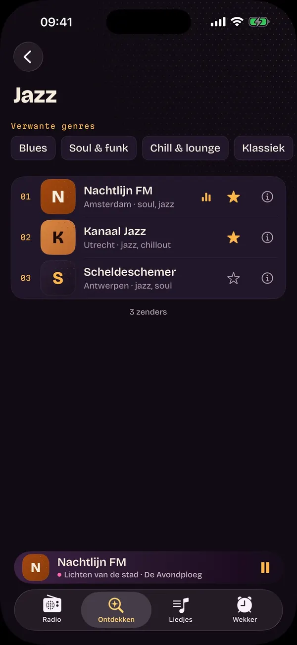 Het genre Jazz: de verwante genres bovenaan, daaronder de jazzzenders