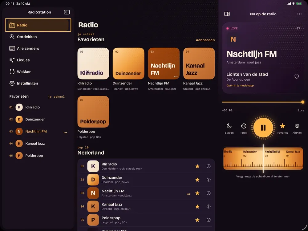 RadioStation op de iPad: favorieten in de zijbalk en de radio met de zenderschaal groot in beeld