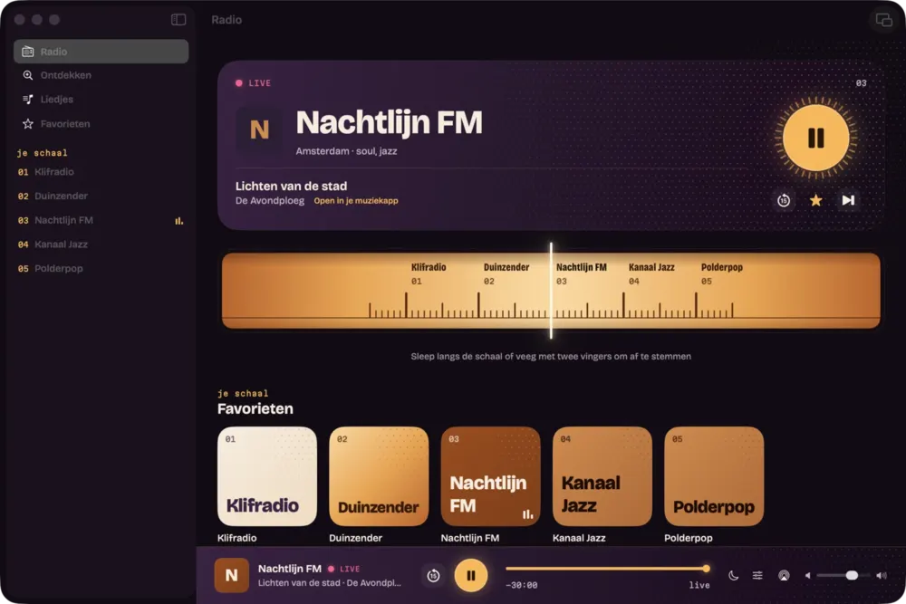 RadioStation op de Mac: het venster met de zijbalk, de zender die speelt, de zenderschaal en je favorieten