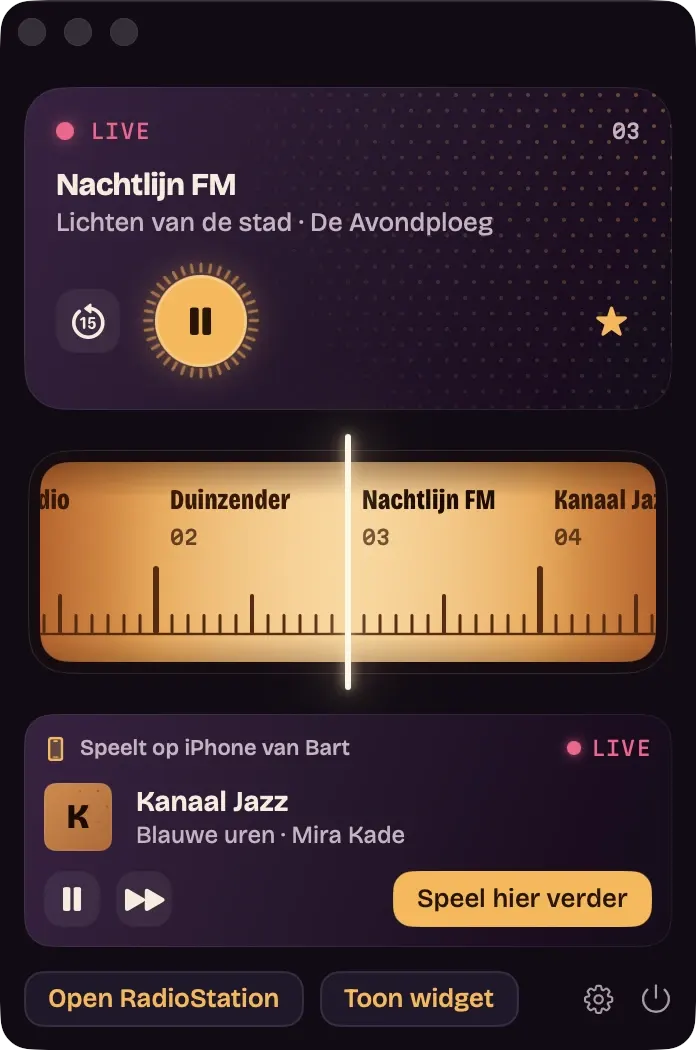 Het paneel in de menubalk met de schaal, terugspoelen en de lijst Speelt op