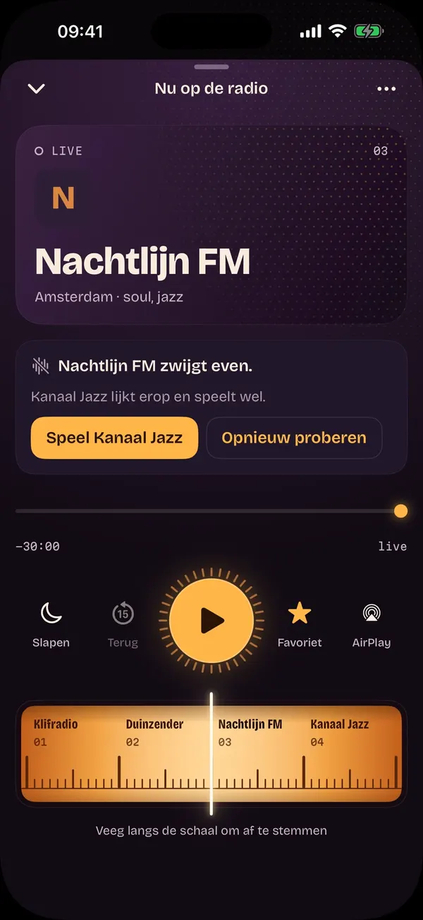 Een zender zwijgt: de app biedt een zender aan die erop lijkt, of opnieuw proberen
