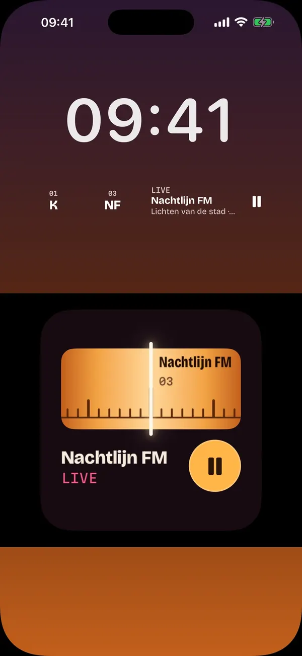 De widget op het toegangsscherm met de zender die speelt